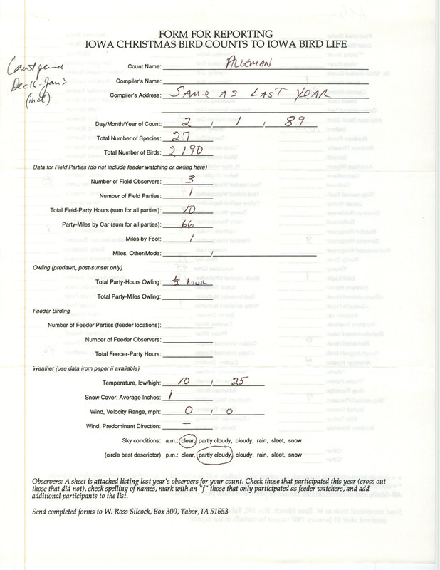 Iowa Christmas bird counts of species found in Alleman contributed by Dean Mosman, January 2, 1989. This item was used as supporting documentation for the Iowa Ornithologists' Union Quarterly field report of winter 1988-1989.