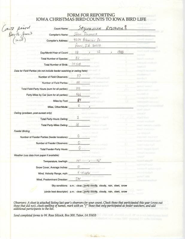 Iowa Christmas bird counts of species found at Saylorville Lake contributed by Stephen J. Dinsmore, December 18, 1988. This item was used as supporting documentation for the Iowa Ornithologists' Union Quarterly field report of winter 1988-1989.