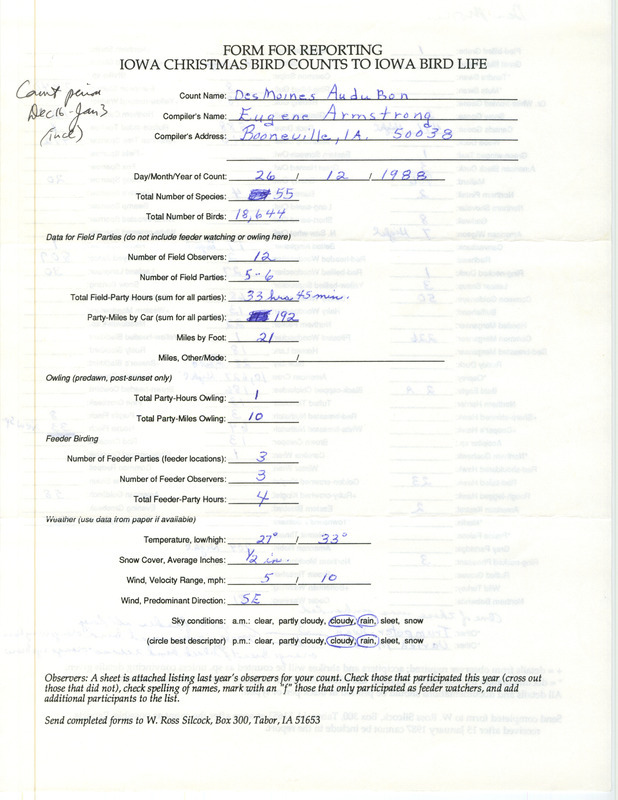 Iowa Christmas bird counts of species found in Des Moines contributed by Eugene Armstrong, December 26, 1988. This item was used as supporting documentation for the Iowa Ornithologists' Union Quarterly field report of winter 1988-1989.