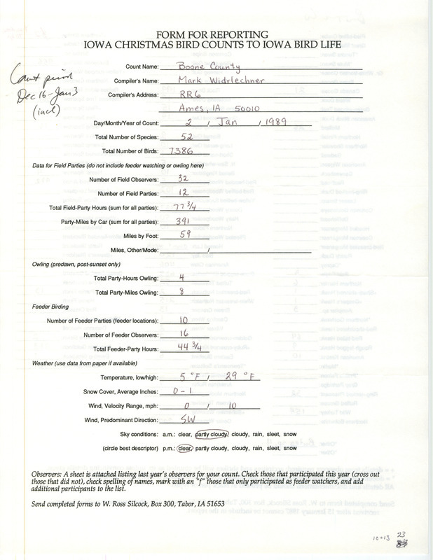 Iowa Christmas bird counts of species found in Boone County contributed by Mark Widrlechner, January 2, 1989. This item was used as supporting documentation for the Iowa Ornithologists' Union Quarterly field report of winter 1988-1989.