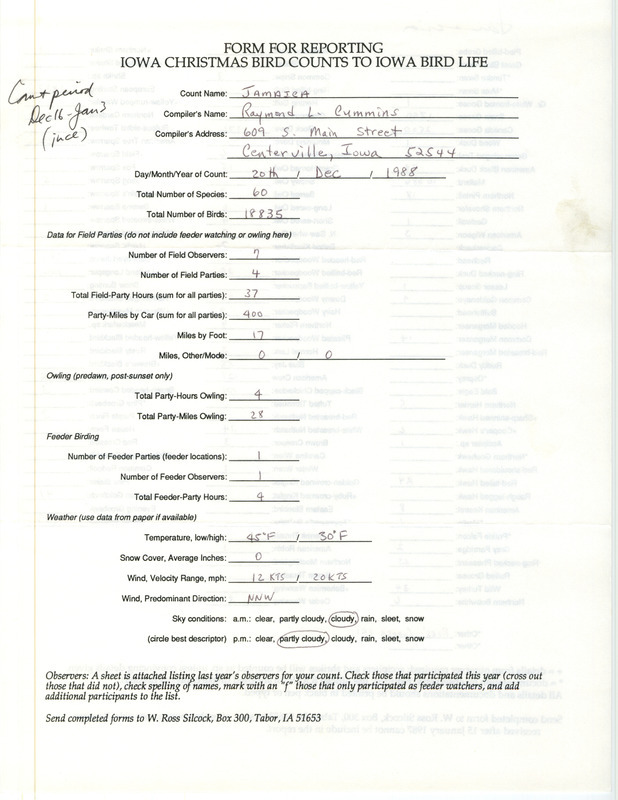 Iowa Christmas bird counts of species found in Jamaica contributed by Raymond L. Cummins, December 20, 1988. This item was used as supporting documentation for the Iowa Ornithologists' Union Quarterly field report of winter 1988-1989.