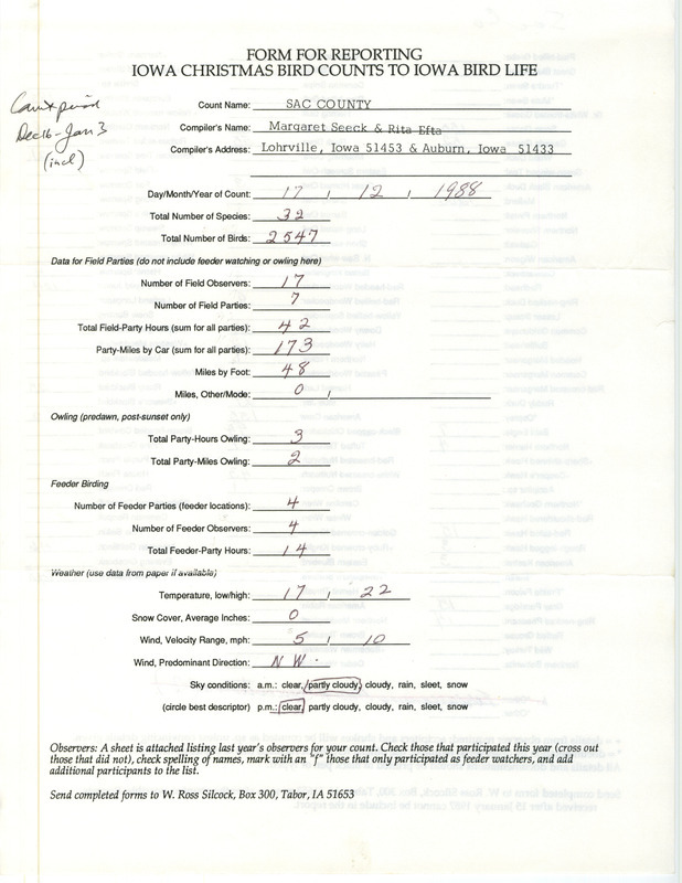 Iowa Christmas bird counts of species found in Sac County contributed by Margaret Seeck and Rita E. Efta, December 17, 1988. This item was used as supporting documentation for the Iowa Ornithologists' Union Quarterly field report of winter 1988-1989.