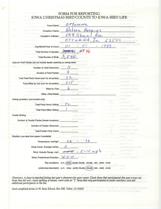 Iowa Christmas bird counts of species found in Ottumwa contributed by Nelson R. Hoskins, January 1, 1989. This item was used as supporting documentation for the Iowa Ornithologists' Union Quarterly field report of winter 1988-1989.