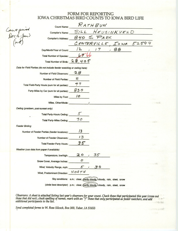 Iowa Christmas bird counts of species found at Lake Rathbun contributed by Bill Heusinkveld, December 17, 1988. This item was used as supporting documentation for the Iowa Ornithologists' Union Quarterly field report of winter 1988-1989.