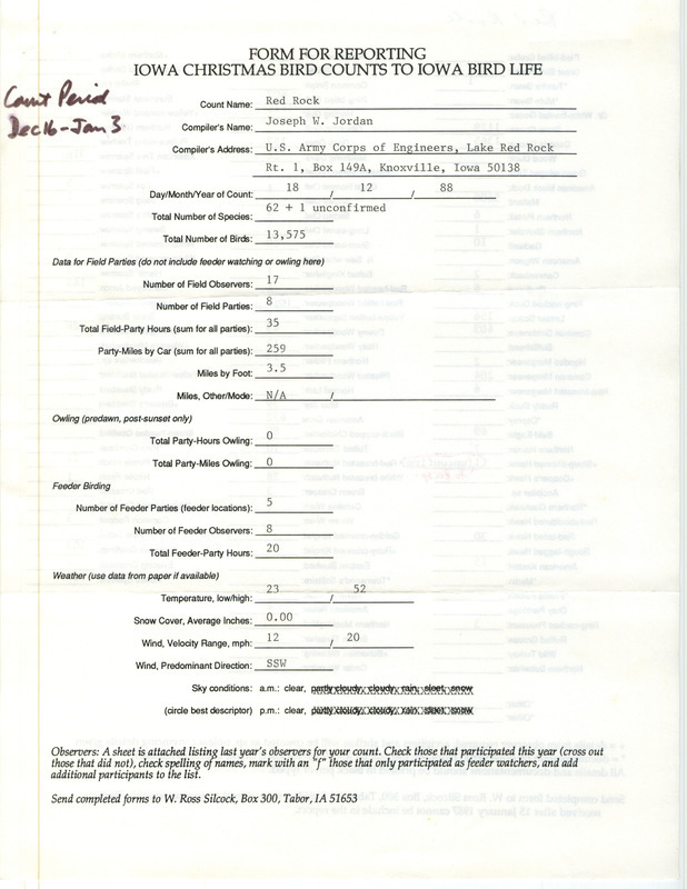 Iowa Christmas bird counts of species found at Lake Red Rock contributed by Joseph W. Jordan, December 18, 1988. This item was used as supporting documentation for the Iowa Ornithologists' Union Quarterly field report of winter 1988-1989.