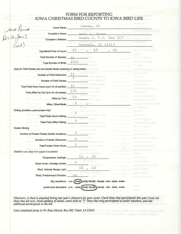 Iowa Christmas bird counts of species found in Lucas contributed by Beth Brown, December 17, 1988. This item was used as supporting documentation for the Iowa Ornithologists' Union Quarterly field report of winter 1988-1989.