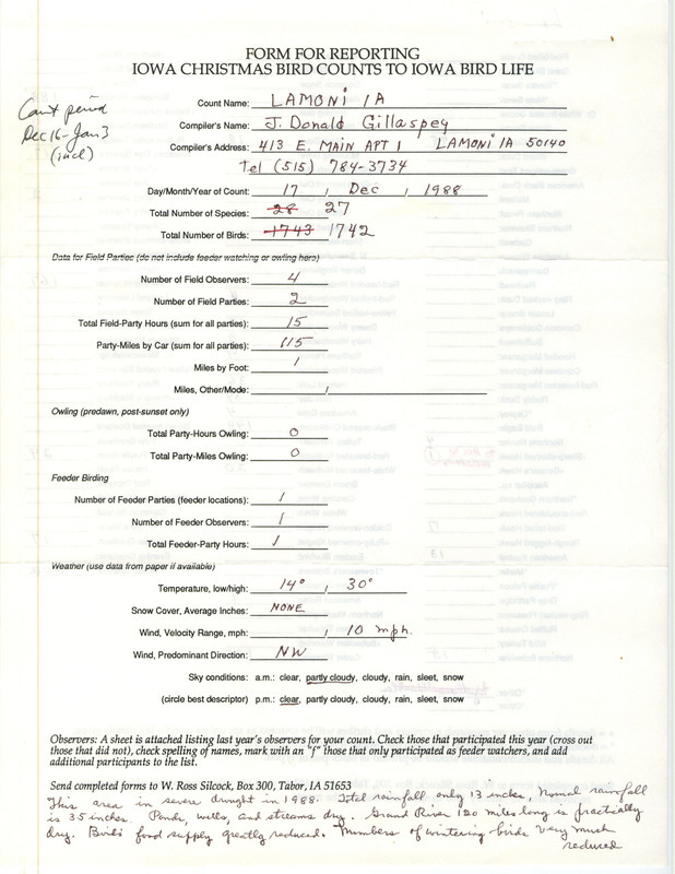 Iowa Christmas bird counts of species found in Lamoni contributed by J. Donald Gillaspey, December 17, 1988. This item was used as supporting documentation for the Iowa Ornithologists' Union Quarterly field report of winter 1988-1989.