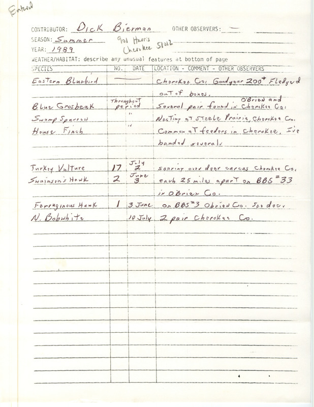 Summer report of birds found in northwest Iowa contributed by Dick Bierman. This item was used as supporting documentation for the Iowa Ornithologists' Union Quarterly field report of summer 1989.