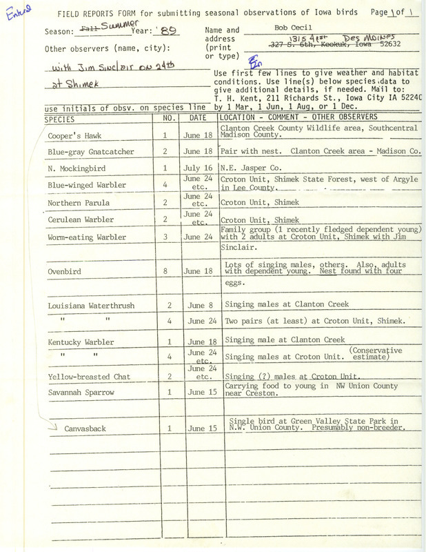 Summer report of birds and locations contributed by Robert I. Cecil. This item was used as supporting documentation for the Iowa Ornithologists' Union Quarterly field report of summer 1989.