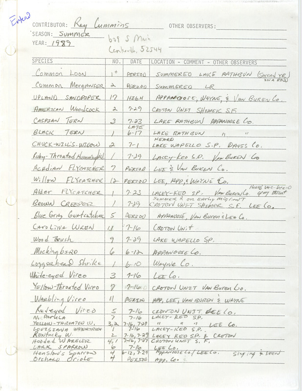 Summer report of bird found in southeast Iowa contributed by Raymond L. Cummins. This item was used as supporting documentation for the Iowa Ornithologists' Union Quarterly field report of summer 1989.