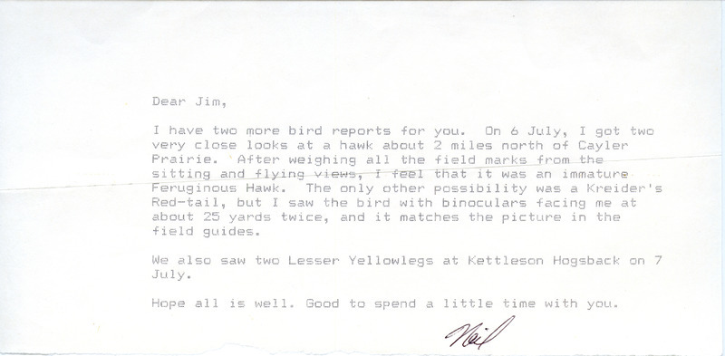 Letter from Neil Bernstein to James J. Dinsmore regarding summer bird sightings. This item was used as supporting documentation for the Iowa Ornithologists' Union Quarterly field report of summer 1989.