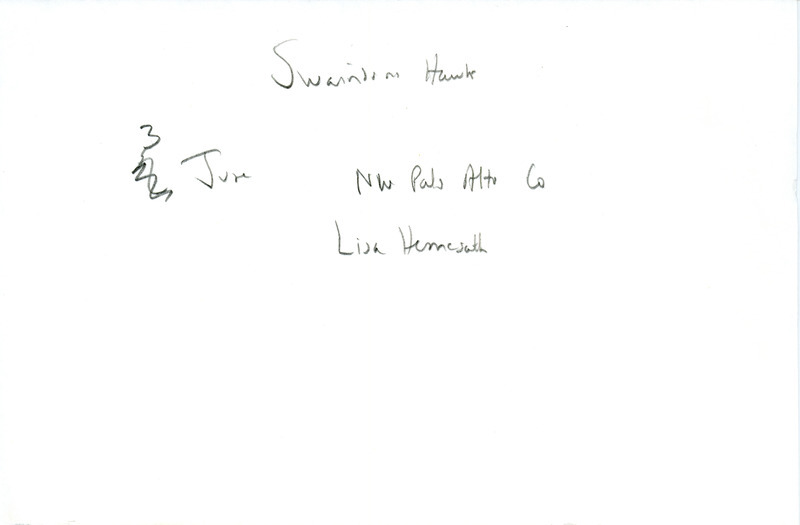 Summer report of a Swainson's Hawk sighting found in northwest Palo Alto County contributed by Lisa Hemesath. This item was used as supporting documentation for the Iowa Ornithologists' Union Quarterly field report of summer 1989.