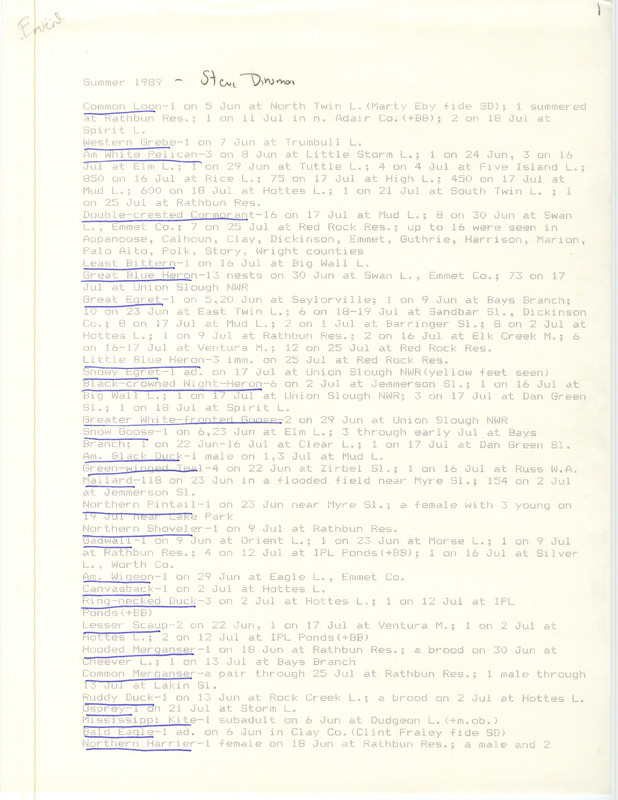 Summer report of birds and locations contributed by Stephen J. Dinsmore. This item was used as supporting documentation for the Iowa Ornithologists' Union Quarterly field report of summer 1989.