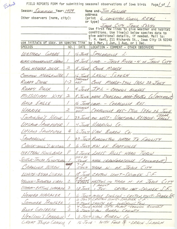 Summer report of birds and locations contributed by James L. Fuller. This item was used as supporting documentation for the Iowa Ornithologists' Union Quarterly field report of summer 1989.