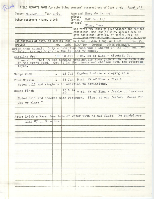 Summer report of birds found in and around Elma contributed by Mary Jo Hartogh. This item was used as supporting documentation for the Iowa Ornithologists' Union Quarterly field report of summer 1989.