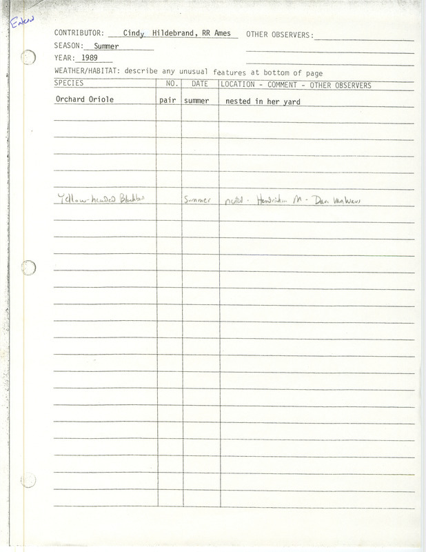 Summer report of Orchard Oriole and Yellow-headed Blackbird sightings contributed by Cindy Hildebrand and Dave Van Waus. This item was used as supporting documentation for the Iowa Ornithologists' Union Quarterly field report of summer 1989.