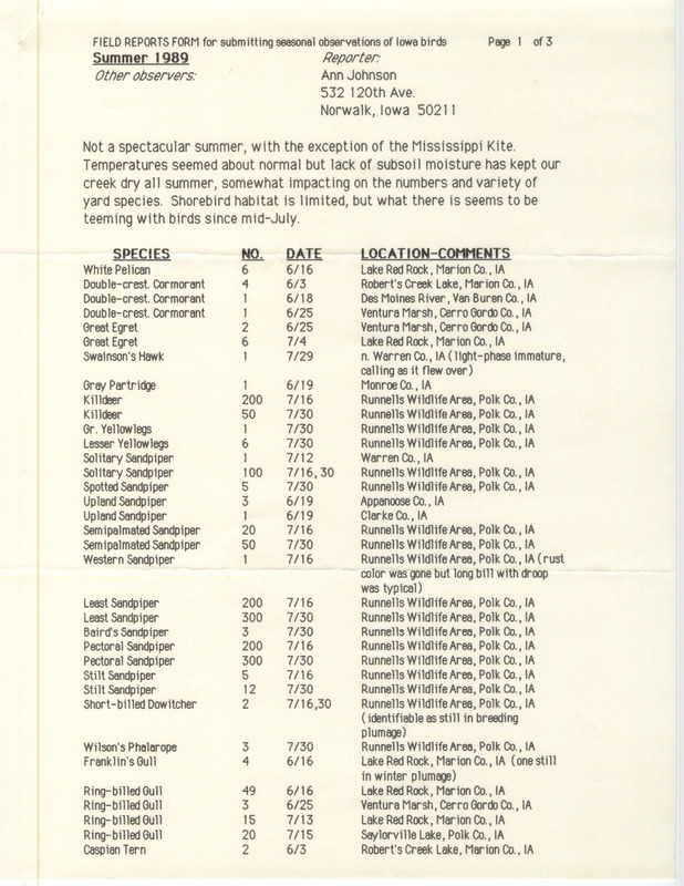 Summer report of birds and locations contributed by Ann Johnson. This item was used as supporting documentation for the Iowa Ornithologists' Union Quarterly field report of summer 1989.