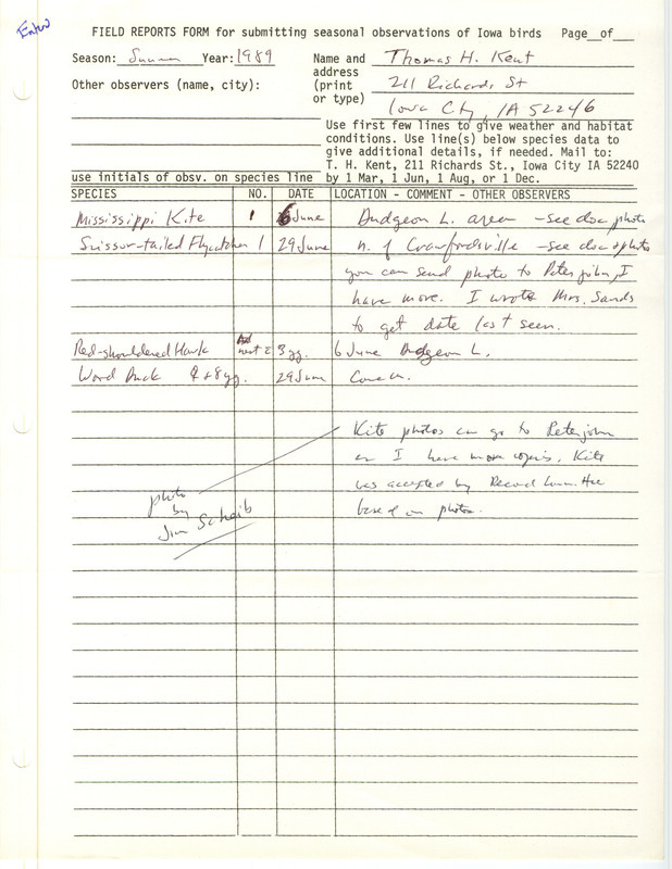 Summer report of birds contributed by Thomas H. Kent. This item was used as supporting documentation for the Iowa Ornithologists' Union Quarterly field report of summer 1989.