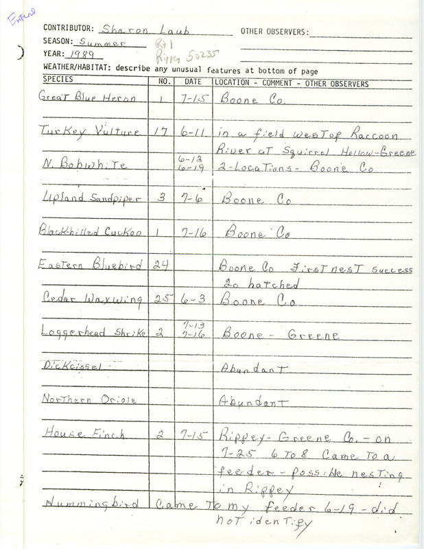 Summer report of birds found in Boone County and Greene County contributed by Sharon Laub. This item was used as supporting documentation for the Iowa Ornithologists' Union Quarterly field report of summer 1989.