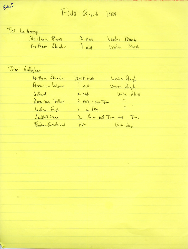 Summer report of birds contributed by Ted LaGrange and Jim Gallagher. This item was used as supporting documentation for the Iowa Ornithologists' Union Quarterly field report of summer 1989.