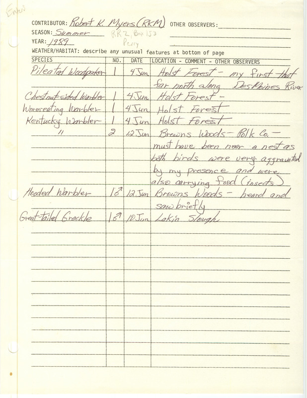 Summer report of birds and locations contributed by Robert K. Myers. This item was used as supporting documentation for the Iowa Ornithologists' Union Quarterly field report of summer 1989.