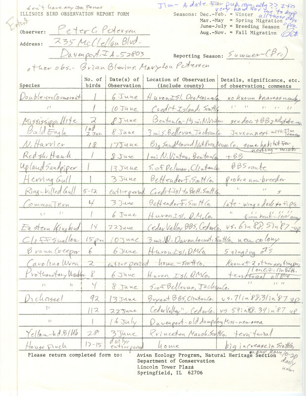 Summer report of birds and locations contributed by Peter C. Petersen. This item was used as supporting documentation for the Iowa Ornithologists' Union Quarterly field report of summer 1989.