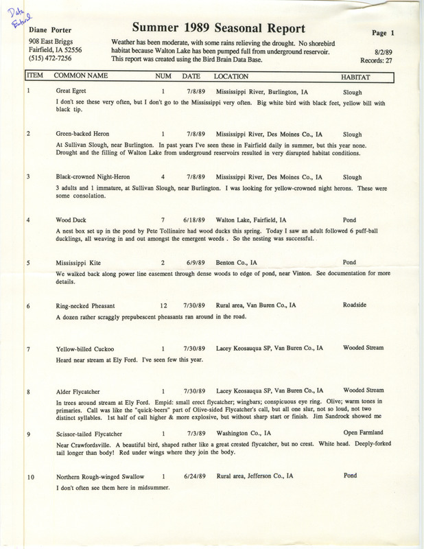 Summer report of birds and locations contributed by Diane C. Porter. This item was used as supporting documentation for the Iowa Ornithologists' Union Quarterly field report of summer 1989.