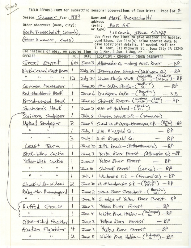 Summer report of birds and locations contributed by Mark Proescholdt. This item was used as supporting documentation for the Iowa Ornithologists' Union Quarterly field report of summer 1989.