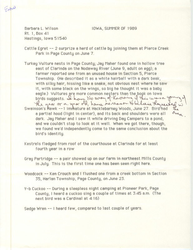 Summer report of birds and locations contributed by Barbara L. Wilson. This item was used as supporting documentation for the Iowa Ornithologists' Union Quarterly field report of summer 1989.