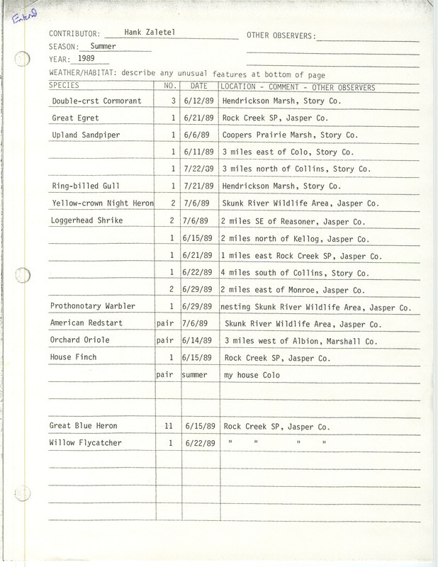 Summer report of birds found in central Iowa contributed by Hank Zaletel. This item was used as supporting documentation for the Iowa Ornithologists' Union Quarterly field report of summer 1989.