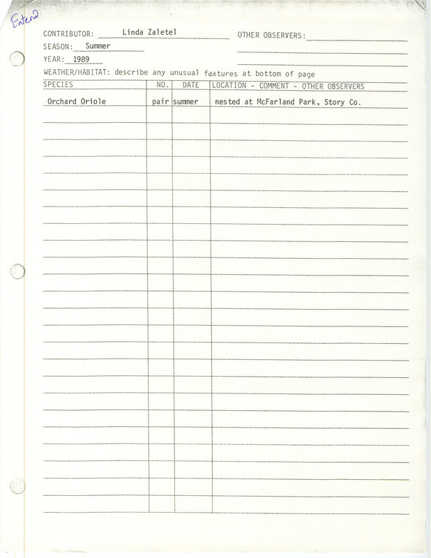 Summer report of an Orchard Oriole sighting found at McFarland Lake Park in Story County contributed by Linda Zaletel. This item was used as supporting documentation for the Iowa Ornithologists' Union Quarterly field report of summer 1989.