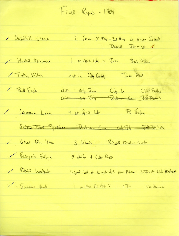 Summer report of birds and locations contributed by multiple observers. This item was used as supporting documentation for the Iowa Ornithologists' Union Quarterly field report of summer 1989.