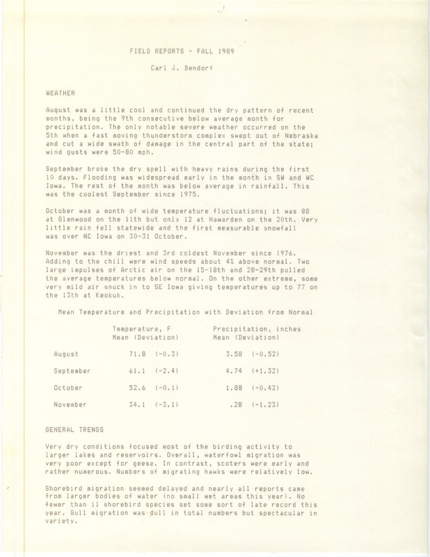 Quarterly field report for the fall of 1989.