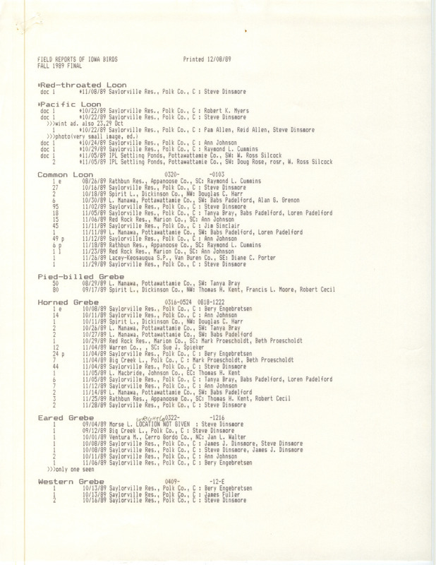 Field reports of Iowa Birds fall 1989 final to help create the official quarterly report. This item was used as supporting documentation for the Iowa Ornithologists' Union Quarterly field report of fall 1989.