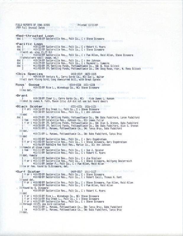 Field Reports of Iowa Birds for Fall 1989 Unusual Dates to help create the official quarterly report. This item was used as supporting documentation for the Iowa Ornithologists' Union Quarterly field report of fall 1989.