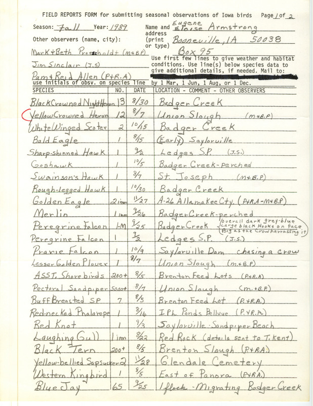 Field reports form for Fall 1989 submitted by Eugene and Eloise Armstrong. This item was used as supporting documentation for the Iowa Ornithologists' Union Quarterly field report of fall 1989.