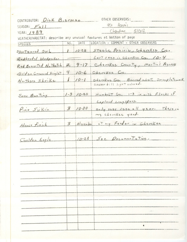 Field reports for fall 1989 submitted by Dick Bierman. This item was used as supporting documentation for the Iowa Ornithologists' Union Quarterly field report of fall 1989.