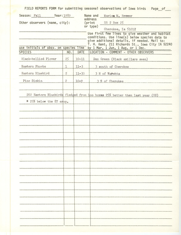 Field reports form for fall 1989 contributed by Marion M. Brewer. This item was used as supporting documentation for the Iowa Ornithologists' Union Quarterly field report of fall 1989.