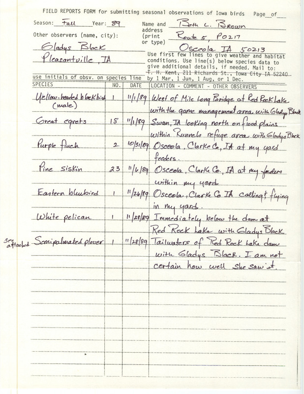 Field reports for fall 1989 submitted by Beth L. Brown with detailed descriptions for field reports. This item was used as supporting documentation for the Iowa Ornithologists' Union Quarterly field report of fall 1989.