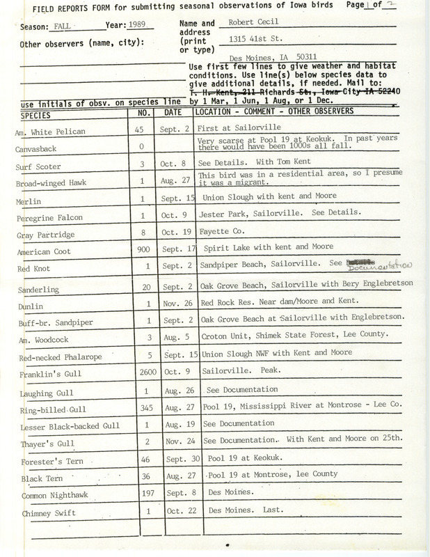 Field Reports for fall 1989 contributed by Robert Cecil with detailed descriptions for some sightings. This item was used as supporting documentation for the Iowa Ornithologists' Union Quarterly field report of fall 1989.