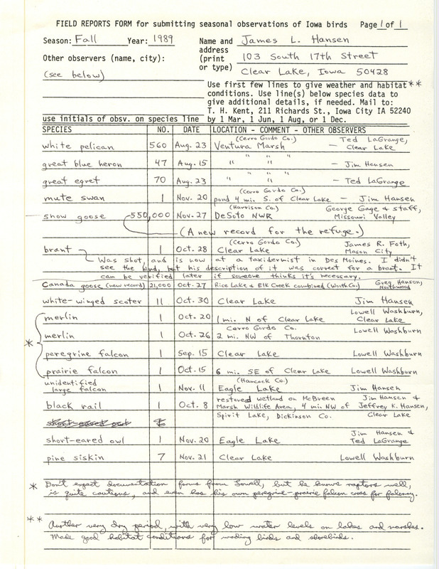 Field reports form for fall 1989 submitted by James L. Hansen with notes. This item was used as supporting documentation for the Iowa Ornithologists' Union Quarterly field report of fall 1989.