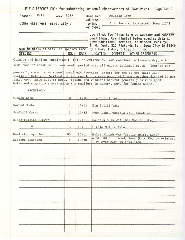 Field reports form from Douglas Harr for fall 1989. This item was used as supporting documentation for the Iowa Ornithologists' Union Quarterly field report of fall 1989.