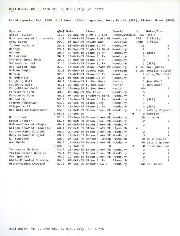 Field reports compiled by Bill Huser of sightings by Bill Huser, Jerry Probst, and Richard Huser for fall 1989. Accompanied by a letter from Bill to Carl Bendorf with detailed notes for Golden Eagle. This item was used as supporting documentation for the Iowa Ornithologists' Union Quarterly field report of fall 1989.