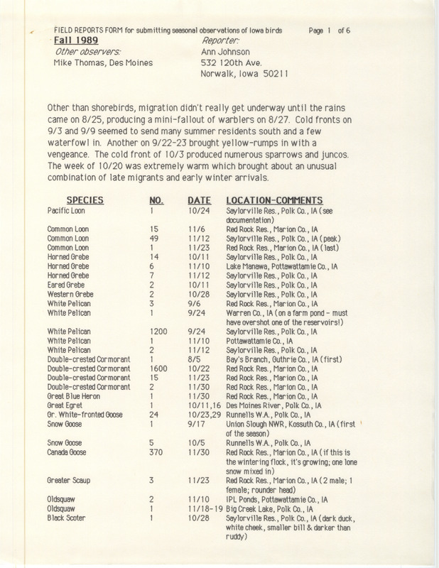 Field reports form from Ann Johnson for fall 1989. This item was used as supporting documentation for the Iowa Ornithologists' Union Quarterly field report of fall of 1989.