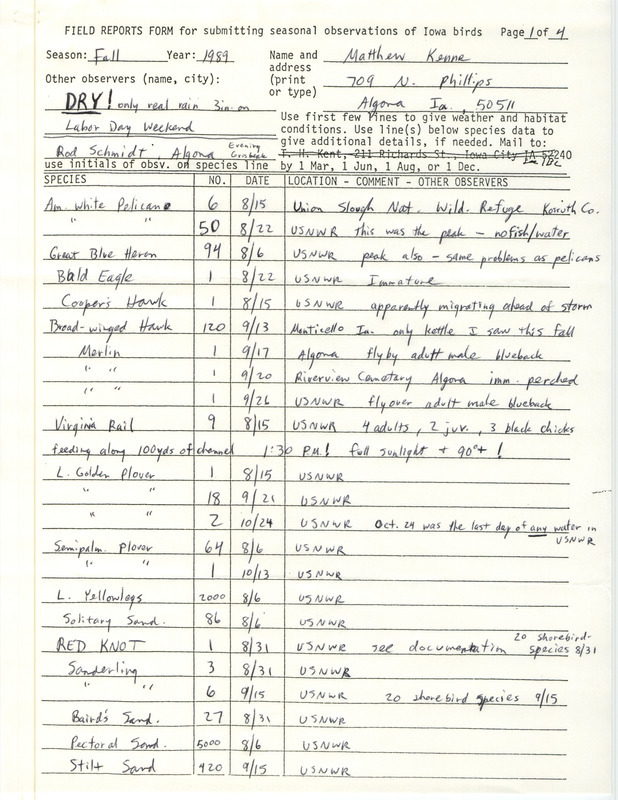 Field reports form by Matthew Kenne for fall 1989. This item was used as supporting documentation for the Iowa Ornithologists' Union Quarterly field report of fall 1989.