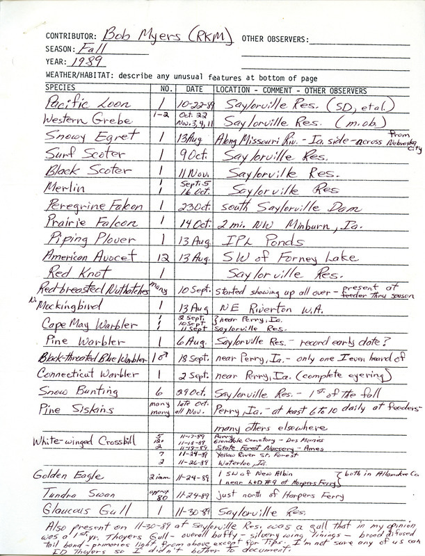 Field reports by Bob Myers for fall 1989 with detailed notes for some sightings. This item was used as supporting documentation for the Iowa Ornithologists' Union Quarterly field report of fall 1989.