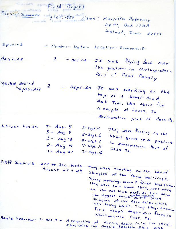 Field reports for both fall and summer 1989 by Marietta Petersen with detailed description. This item was used as supporting documentation for the Iowa Ornithologists' Union Quarterly field report of fall 1989.