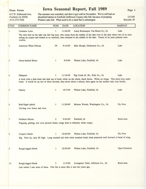 Field reports by Diane Porter for fall 1989 with details about sightings. This item was used as supporting documentation for the Iowa Ornithologists' Union Quarterly field report of fall 1989.