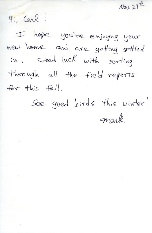 Field reports form for fall 1989 submitted by Mark Proescholdt with several other observers along with an introductory letter. This item was used as supporting documentation for the Iowa Ornithologists' Union Quarterly field report of fall 1989.