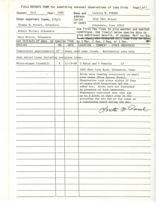 Field reports form submitted by Loretta M. Pursel with several contributors for fall 1989 for the White-winged Crossbill. This item was used as supporting documentation for the Iowa Ornithologists' Union Quarterly field report of fall 1989.